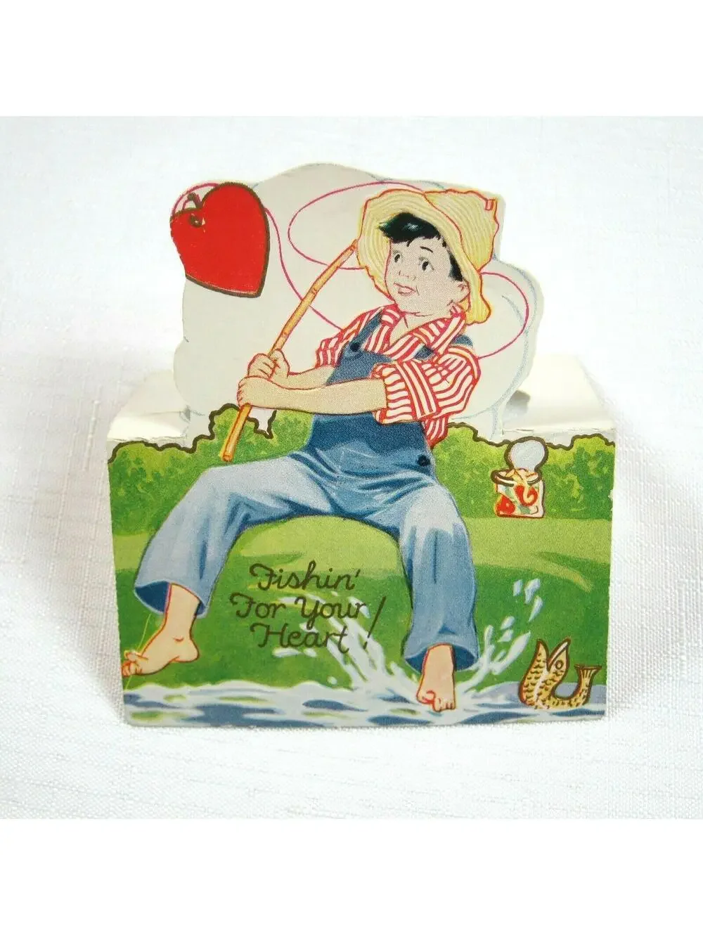 Vintage Valentine 1929 Stand Up Boy Fishing For Heart American Colortype Co USA